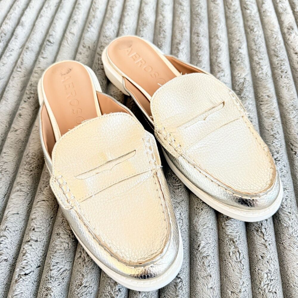 Aerosoles Salome Metallic Gold Penny Loafer Mules Leather Women’s 8.5